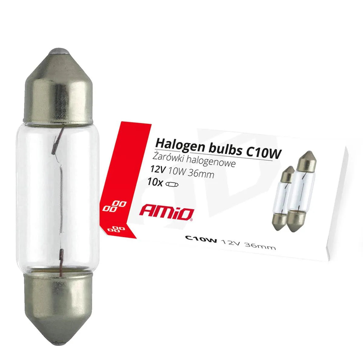 AMiO Halogen bulbs C10W Festoon 36mm 12V 10pcs - CAR by AMiO | Buy Online at VROOMPARTSSHOP