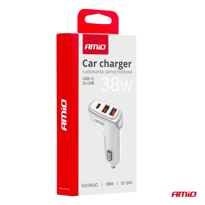 Car charger 2x USB-A + USB-C 38W 12/24V