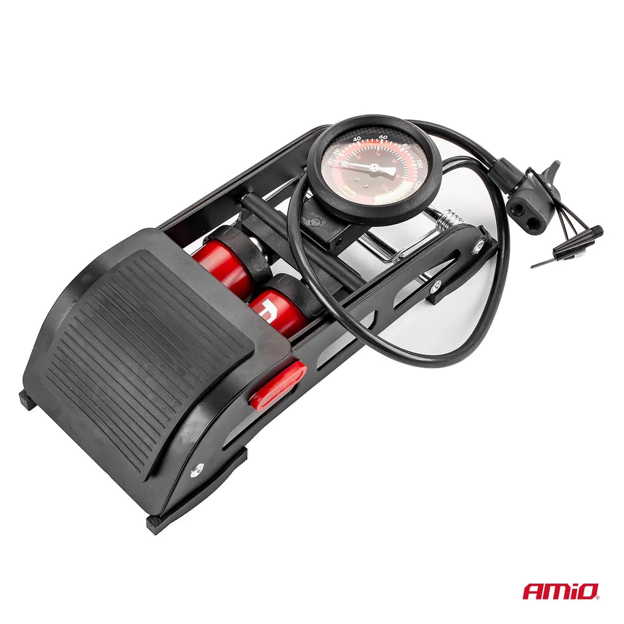 HQ Double piston 2xO45mm foot pump with pressure gauge and adapters PU07