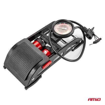 HQ Double piston 2xO45mm foot pump with pressure gauge and adapters PU07