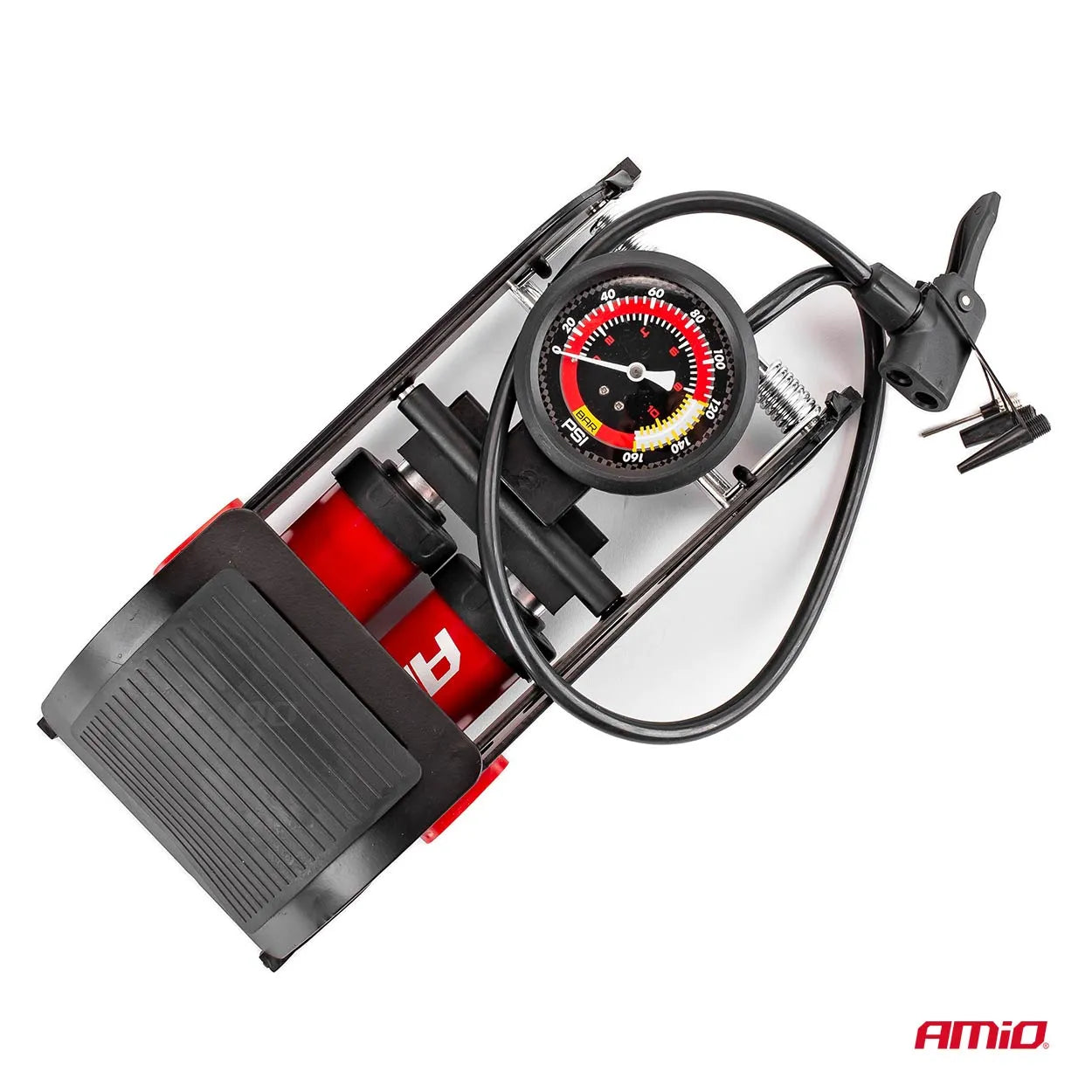 HQ Double piston 2xO45mm foot pump with pressure gauge and adapters PU07