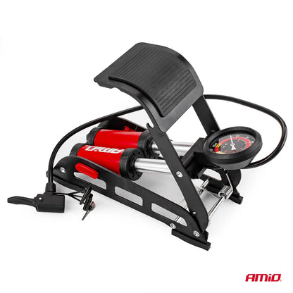 HQ Double piston 2xO45mm foot pump with pressure gauge and adapters PU07