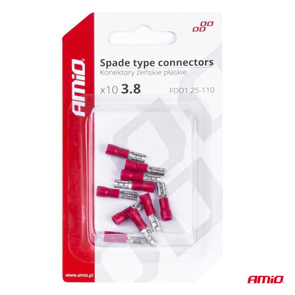 Spade type connectors 3.8mm 0.5-1.5mm2 10A 10 pcs